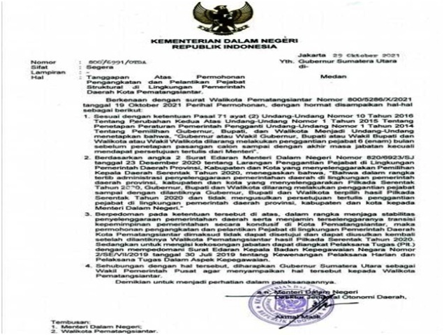Surat tanggapan Kemendagri terkait penolakan permohonan pengangkatan dan pelantikan JPTP di lingkungan Pemko Siantar.